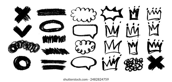 Set of simple geometric shapes, crowns, cloud drawn with bold brush. Abstract retro background design. Geometry minimalistic banner with simple shapes and figures