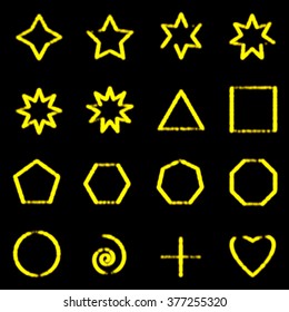 Set of simple geometric shapes. Glowing damaged lines. Vector image.