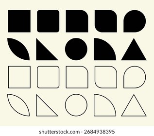 Conjunto de formas geométricas simples. Grande coleção de figuras básicas sólidas e contornos isoladas no fundo branco