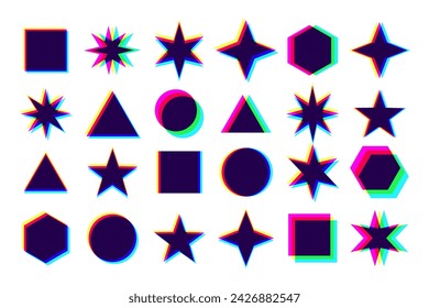 A set of simple geometric shapes with a prism effect. Y2k figures with optical illusion
