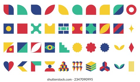 Set of simple geometric shapes in style of Swiss minimalism, Bauhaus, Brutalism. Abstract design elements. Color Vector decorative elements isolated on white background.