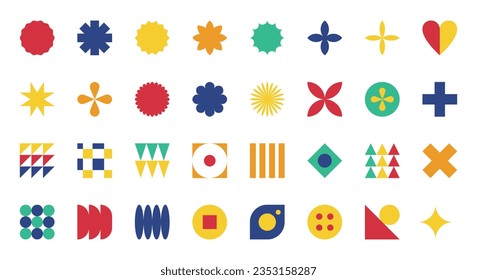 Set of simple geometric shapes in style of Swiss minimalism, Bauhaus, Brutalism. Abstract design elements. Color Vector decorative objects isolated on white background