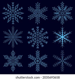 Conjunto de copos de nieve geométricos simples, para decoración festiva en invierno, Navidad y Año Nuevo, un elemento separado para papel regalo o postales. Ilustración del vector