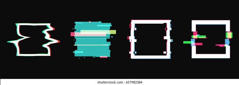 Set of simple geometric square form, frames or border in distorted glitch style. Modern trendy background shapes for design banner, poster, cover, flyer, brochure, card. Vector illustration.