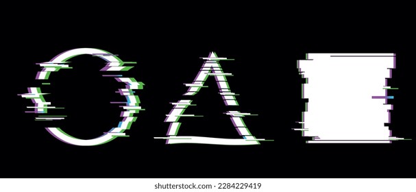 Set of simple geometric square shape, frames or border in distorted glitch style. Trendy background modern shapes for design banner, poster, cover, flyer, card. Vector illustration.