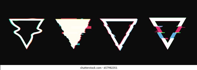 Set of simple geometric triangle form, frames or border in distorted glitch style. Modern trendy background shapes for design banner, poster, cover, flyer, brochure, card. Vector illustration.