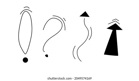 Set of simple geometric vector black and white and colored arrows, exclamation and question mark Can be used in presentations, in layouts