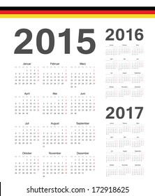 Set of simple German 2015, 2016, 2017 year vector calendars. Week starts from Mondays.