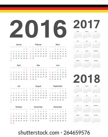 Set of simple German 2016, 2017, 2018 year vector calendars. Week starts from Sunday.