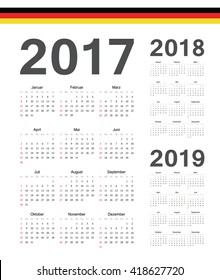 Set of simple German 2017, 2018, 2019 year vector calendars. Week starts from Sunday.