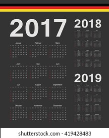 Set of simple German 2017, 2018, 2019 year vector calendars. Week starts from Sunday.