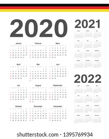 Set of simple German 2020, 2021, 2022 year vector calendars. Week starts from Sunday.