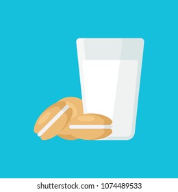 Set of simple glass of milk and cookies isolated on blue background. Vector illustration for banners, posters and restaurant menu. Can be used in web and mobile design.