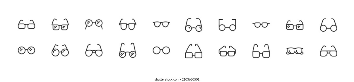 Set of simple glasses line icons. Outline stroke object. Linear signs pack. Perfect for web apps and mobile.