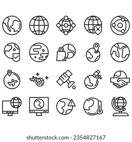 Set Simple Globe Related Vector Line Icons. Contains Icons like World Map, Connection, Global business, Travel and more