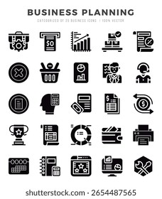 Conjunto de ícones simples do Glyph Business Planning. Pacote de ícones de arte de glifos.