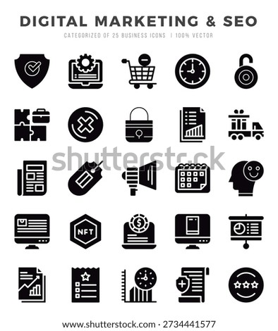 Set of simple Glyph Digital Marketing and SEO Icons. Glyph art icons pack.