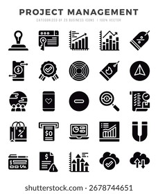 Conjunto de iconos de gestión de proyectos de glifos simples. Paquete de iconos de arte de glifo.