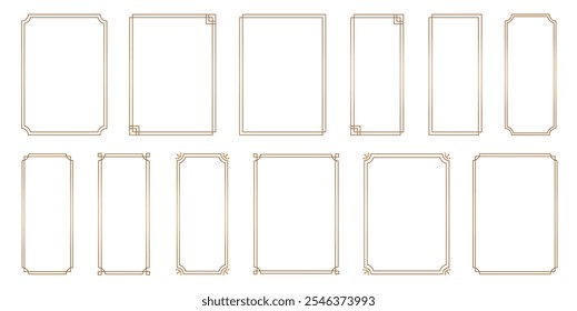 Set of simple, Gold line frames with double stroke. Collection of vertical blank templates to decorate text. Vector borders and frames. 