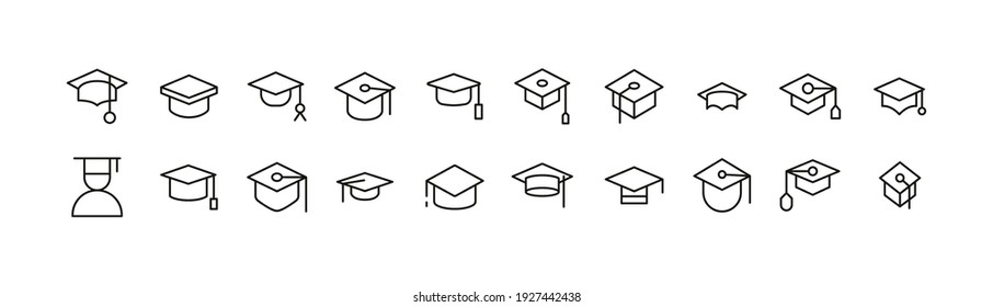 Set of simple graduation hat line icons. Outline stroke object. Linear signs pack. Perfect for web apps and mobile.