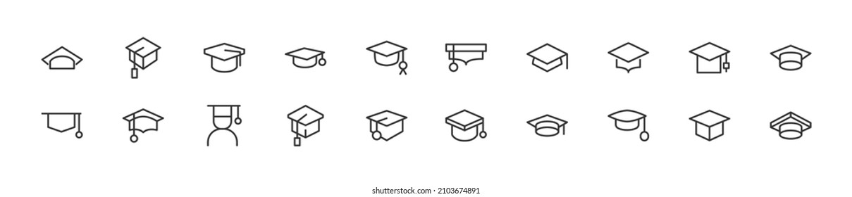 Set of simple graduation hat line icons. Outline stroke object. Linear signs pack. Perfect for web apps and mobile.