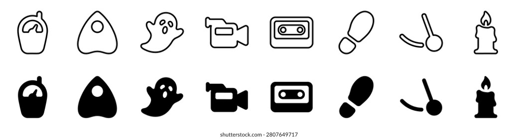 A set of simple graphic symbols representing tools and entities associated with ghost hunting and supernatural exploration