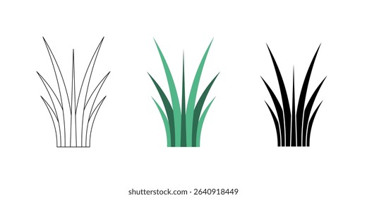 Set of Simple Grass Icons and Illustrations. A versatile set of three simple grass illustrations in different styles: outline, flat green color, and solid black silhouette.