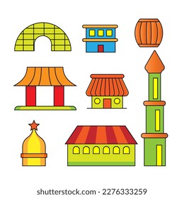 set of simple green building illustrations, for label, sign, holiday