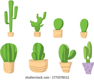 Set simple green cactus botany in pot vector for icon, badges, element.