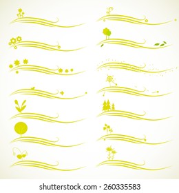 set of simple green eco emblems with elements:flowers, trees, leaves butterflies and other
