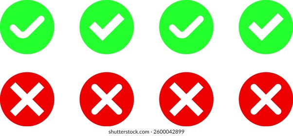 Set of simple green and red check and cross mark vector icons. Check boxes on transparent background