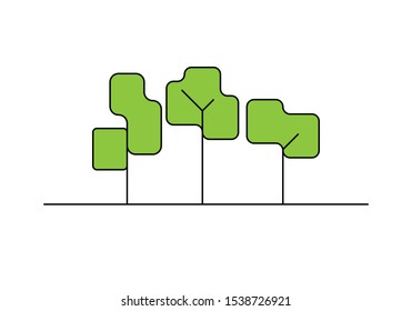 set of simple green trees and bushes, square style, vector illustration