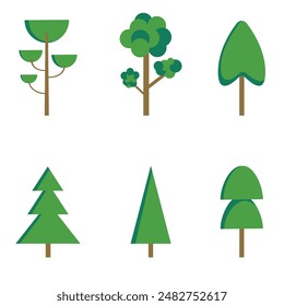 A set of simple green trees. A flat illustration. Vector images on a white background.