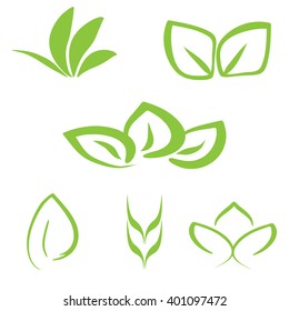 Set of simple green vegetable logo on a white background. Six isolated plant elements. Leaf, grass.