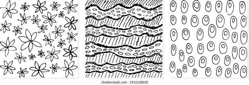 Conjunto de texturas vectoriales simples en blanco y negro. Tres patrones abstractos de lápiz dibujados a mano