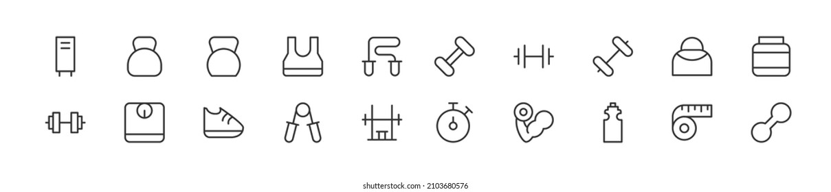 Juego de simples iconos de la línea del gimnasio. Objeto de trazo de contorno. Envase de signos lineales. Perfecto para aplicaciones web y móviles.