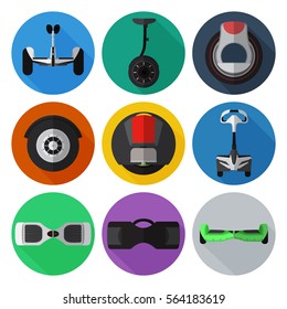 Set of simple gyroscooter flat icons on color circles vector illustration. Gyrobord set