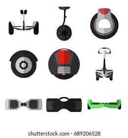 Set of simple gyroscooter flat icons on white background vector illustration. Gyrobord set