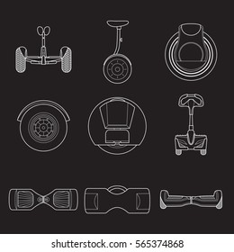 Set of simple gyroscooter line art icons on black  background vector illustration. Gyrobord set