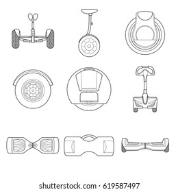 Set of simple gyroscooter line art icons on white background vector illustration. Gyrobord set