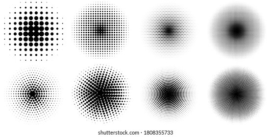 Set of simple halftones. Black gradient circles of dots. Dotwork. Vector illustration.