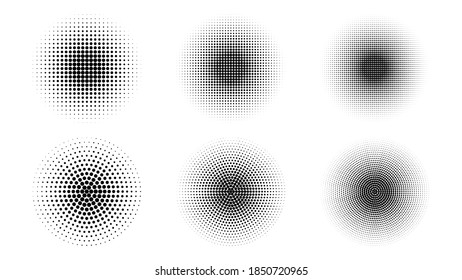 Set of simple halftones. Black gradient circles of dots. Dotwork. Vector illustration.