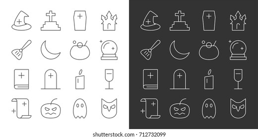Set of simple Halloween party thin line vector icon. Black & White. Editable stroke. Pixel perfect icons. Material design of web graphic. Premium quality outline symbol collection.