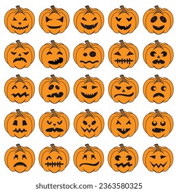 Set of simple Halloween scary pumpkin with funny face