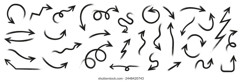 Set of simple hand drawn arrows . Vector hand drawn arrow mark vector icons . Black simple dotted arrow collection . Vector pointer signs .	
