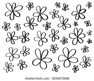 Set of simple hand drawn black ink outline flower doodles isolated on white background. Naive chlldish floral drawing collection.