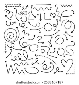 Satz einfacher, handgezeichneter schwarzer Pfeile auf weißem Hintergrund. Doodle spiralförmige und gekrümmte Design-Elemente. Vektorgrafik.