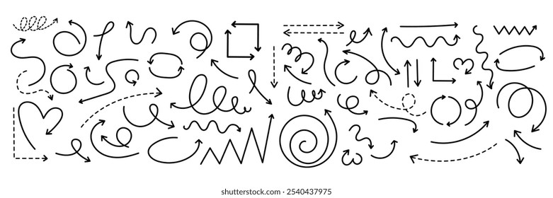 Set of simple hand drawn black arrows on white background. Doodle spiral and curved design elements. Vector illustration.