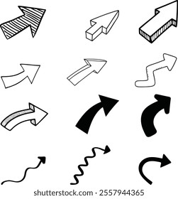 Set of simple hand drawn black arrows in various style. Set of simple of hand drawn black arrows