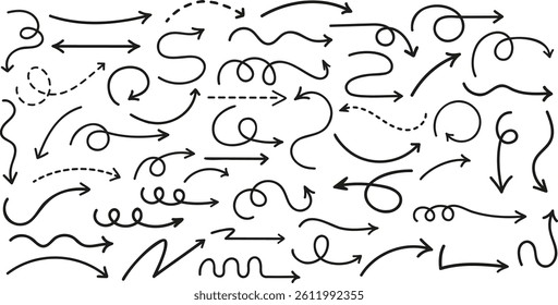 Set of simple  hand drawn black arrows. Simple arrows collection. Different arrow signs. Black arrows icons. Set of icons to be used for logos and business plans. Handmade Design